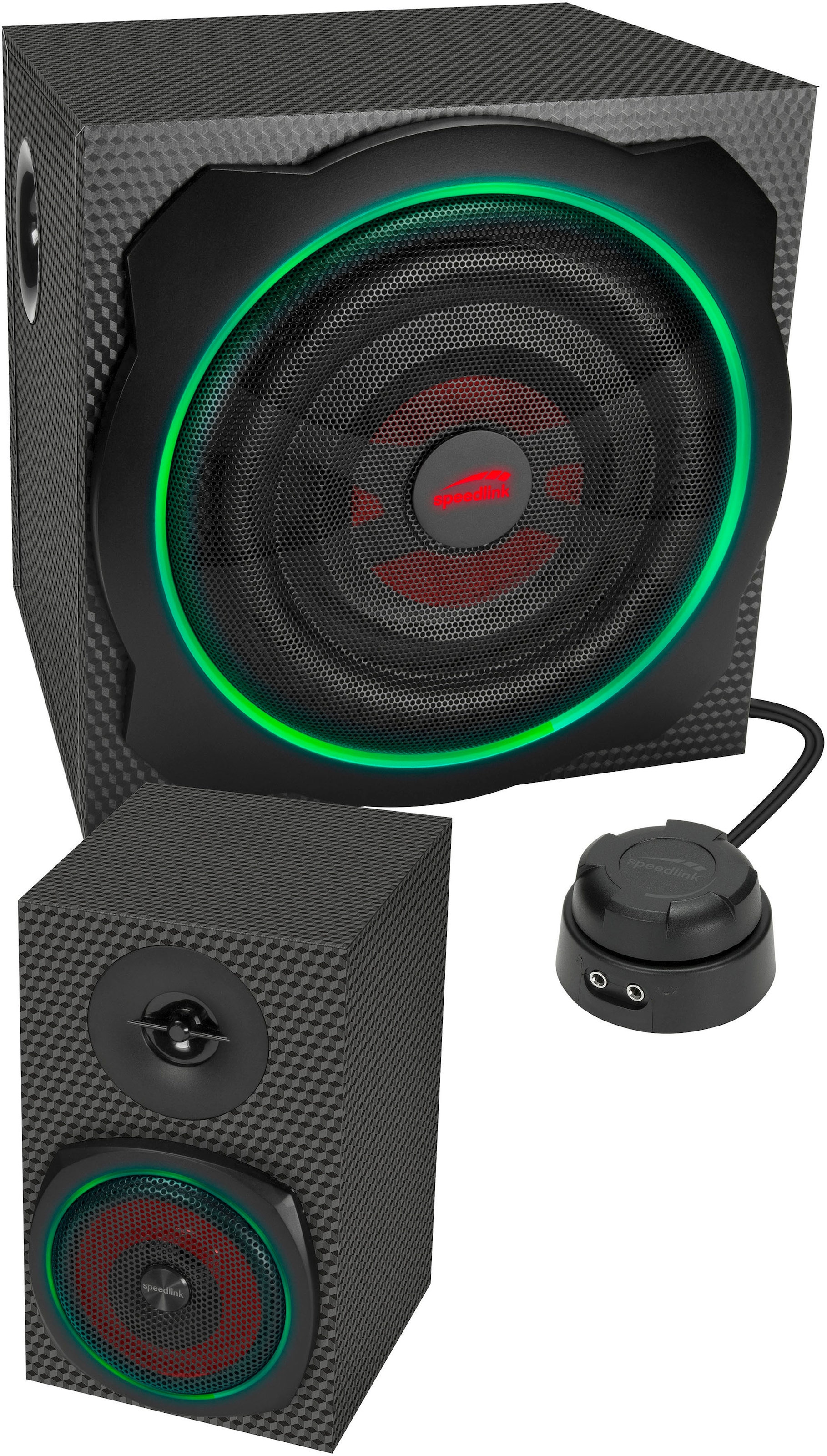 Speedlink 2.1 Soundsystem »GRAVITY CARBON RGB Subwoofer System aus Holz mit Bluetooth« 2.1 (Bluetooth Lautstärkeregelung 120 W) 60 W RMS, 120 W Spitzenleistung, 3,5mm Klinke, AUX, Tischfernbedienung