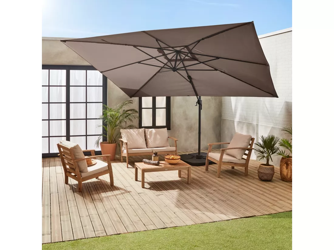 Parasol déporté rectangulaire 3x4m – Antibes – taupe – parasol déporté. inclinable. rabattable et rotatif à 360°