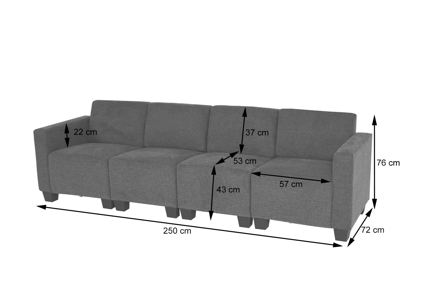 Modular 4-Sitzer Sofa Couch Moncalieri, Stoff/Textil ~ grau