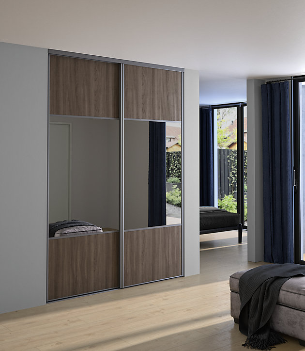 Porte de placard coulissante avec miroir effet chêne grisé profil gris GoodHome Arius H. 248,5 x L. 92.2 cm + amortisseurs