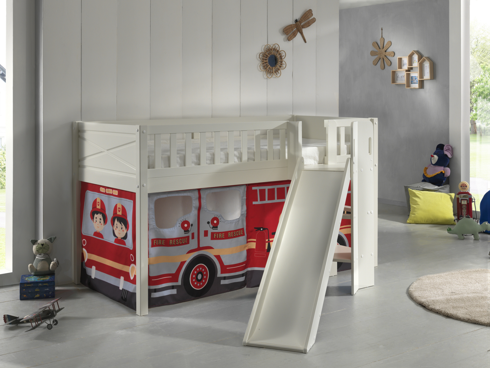 Spielbett SCOTT - weiß - Fire Rescue - mit Rutsche, Vorhang und Leiter - 90x200 cm