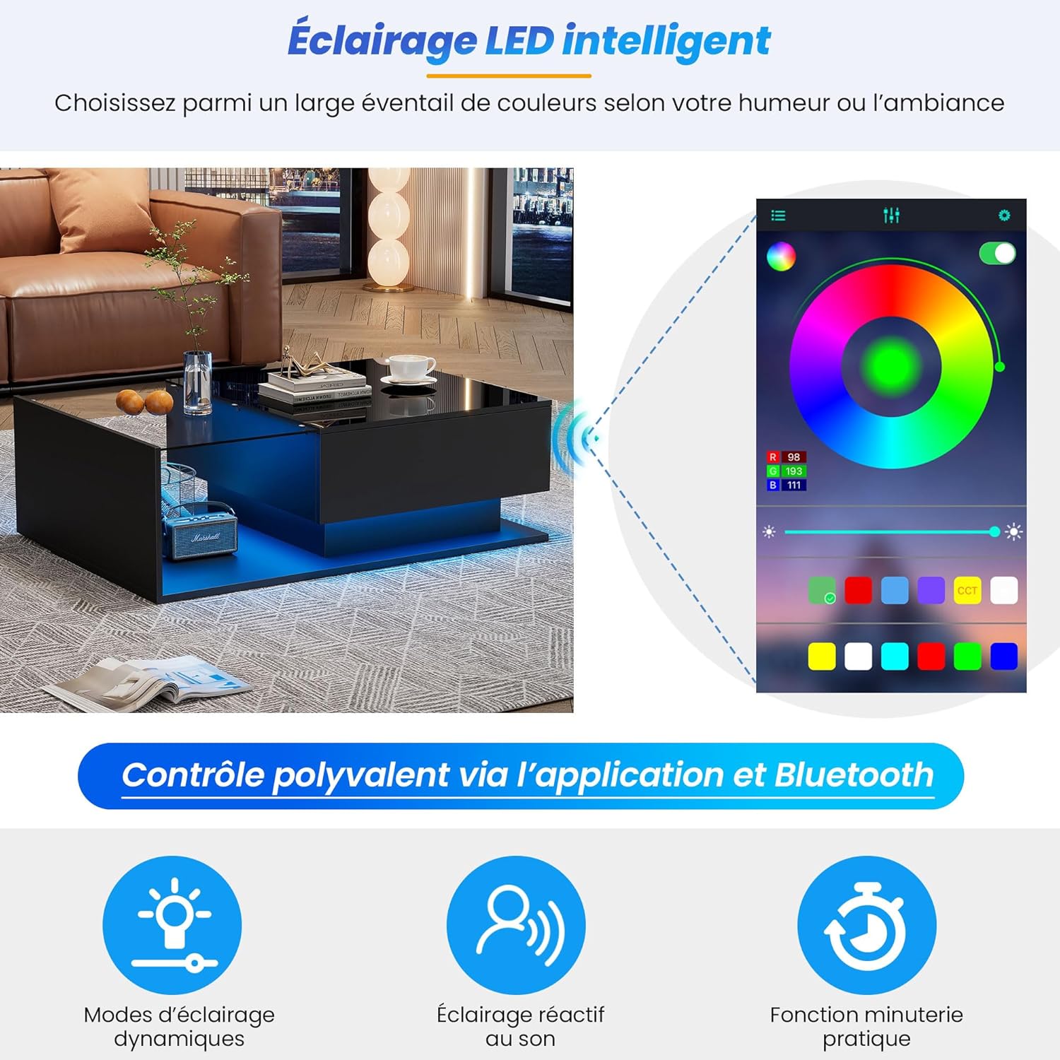okwish Couchtisch Rechteckig, LED-Hochglanz Beistelltisch für Schlafzimmer, Wohnzimmertische mit Stauraum fürs Wohnzimmer, Beistelltisch mit Glasplatte und Schubladen, Schwarz
