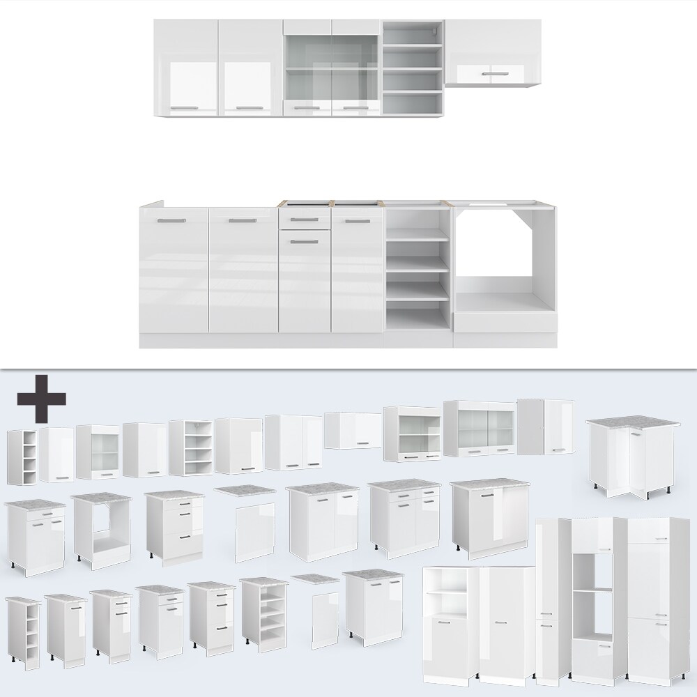 Vicco Küchenzeile Küchenblock Einbauküche R-Line 240 cm Weiß Arbeitsplatte Hochglanz