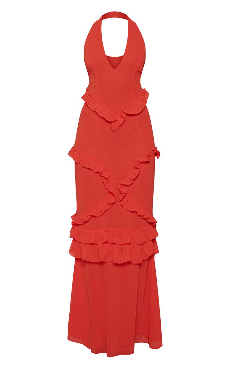 Orange Robe Longue Dos Nu À Volants Et Col Licou