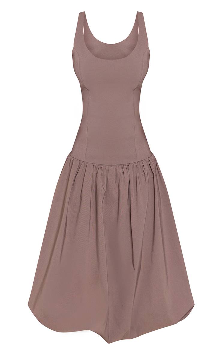 Taupe Robe Midi Tissée Stretch À Taille Basse Et Ourlet Ballon