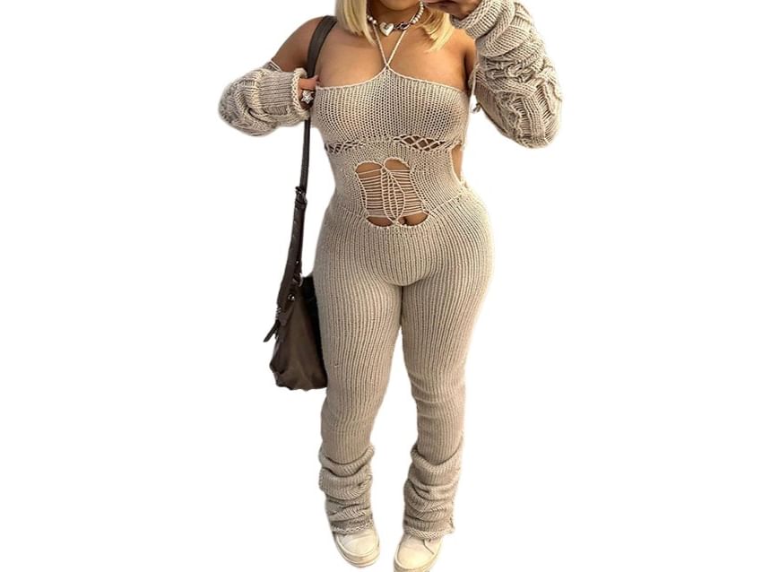 Oonnukal - Lange mouwen halternek jumpsuit met distressed knit