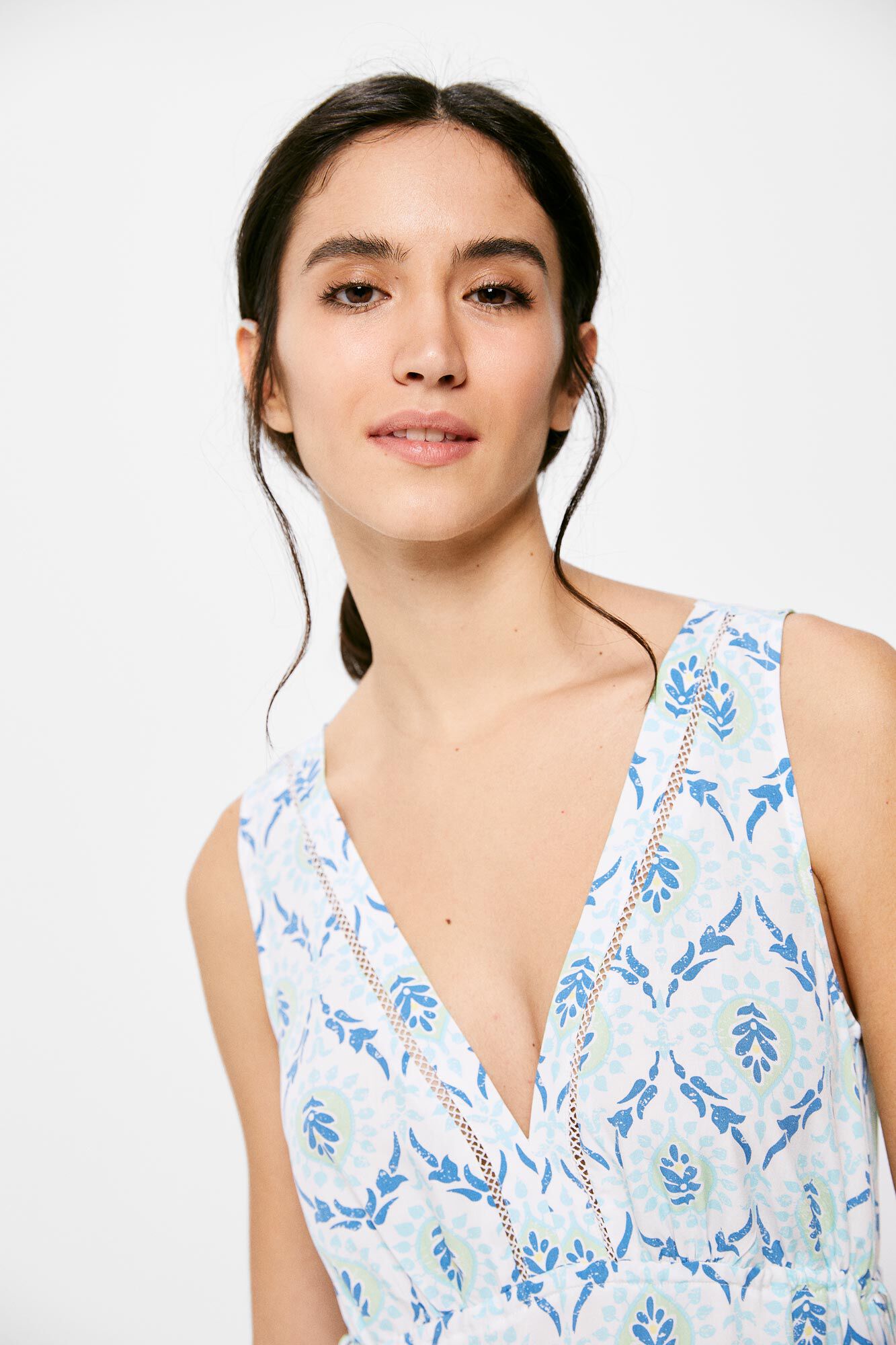 Vestido longo com estampa em painéis - amarelo