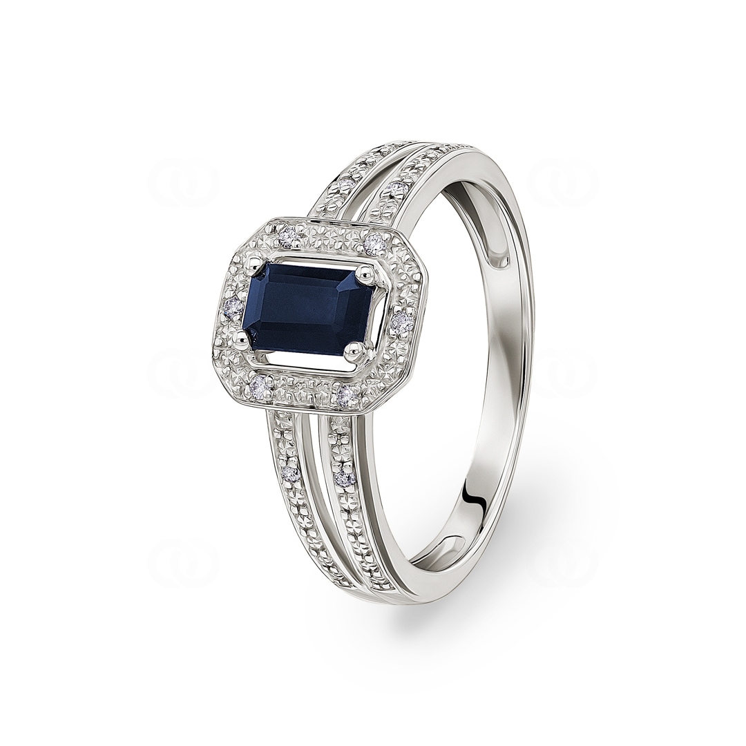 Damenring 750/18 K Weissgold mit Saphir Baguette 0.70ct. und Diamanten 0.04ct.