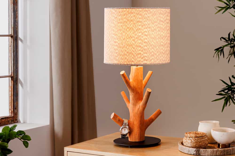 Massive Tischlampe JEWELRY 60cm natur Mangostanholz weißer Stoffschirm