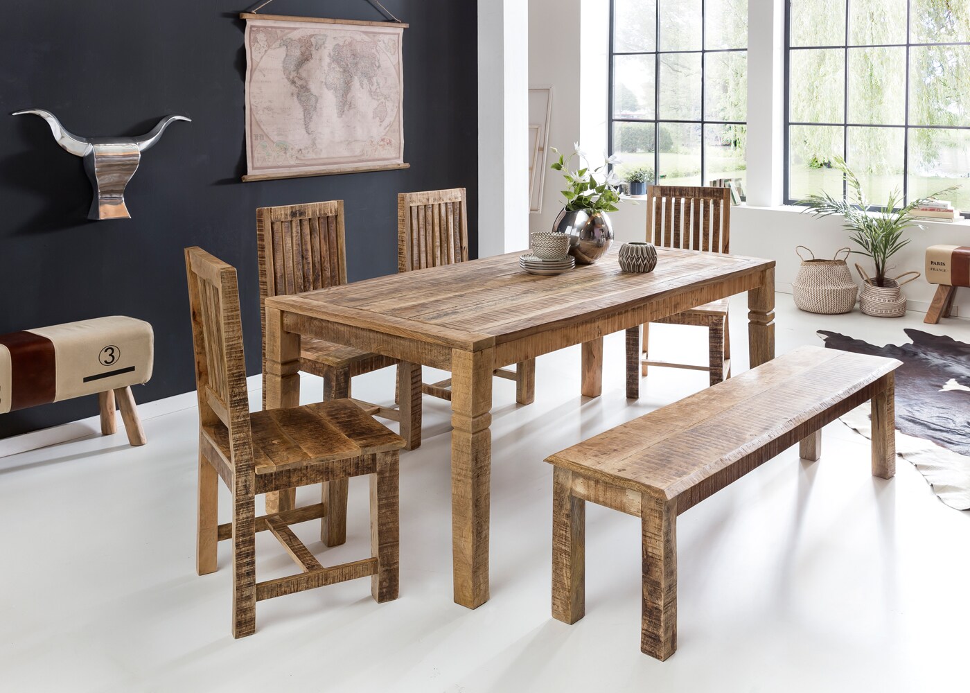 KADIMA DESIGN Rustikaler Mango-Holz Esstisch, 120 cm, Landhaus-Stil - Stilvoll mit Schnitzereien