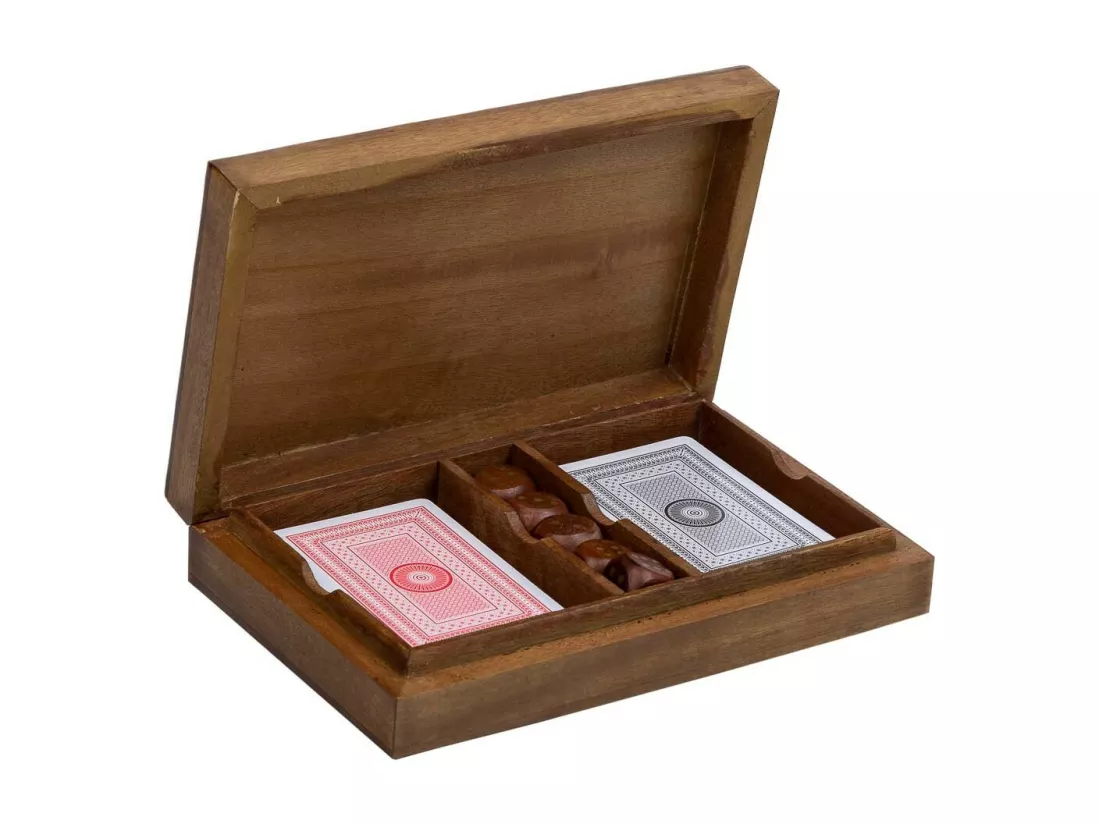 Jeu de cartes et dés avec boîte en bois 19x12x4h