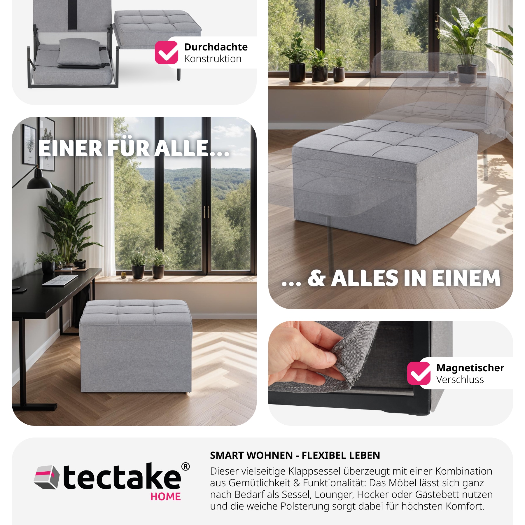 tectake® Schlafhocker, 4 in 1 als Hocker, Sessel, Lounger oder Bett, stabiles Stahlgestell, Belastbarkeit 150 kg