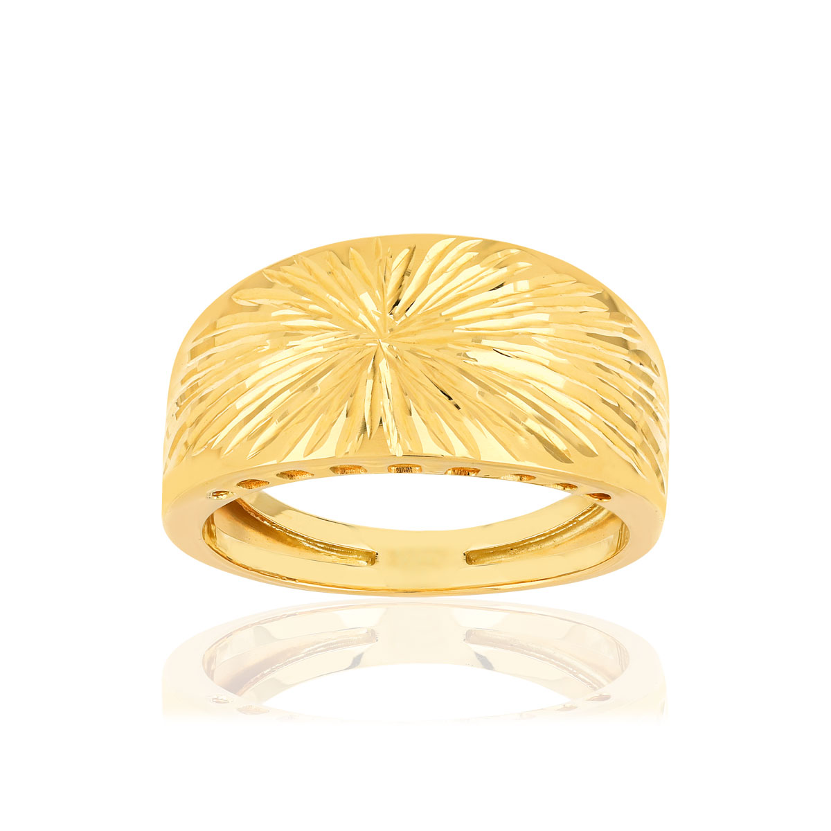 Bague or jaune 375, ciselé, motif soleil.