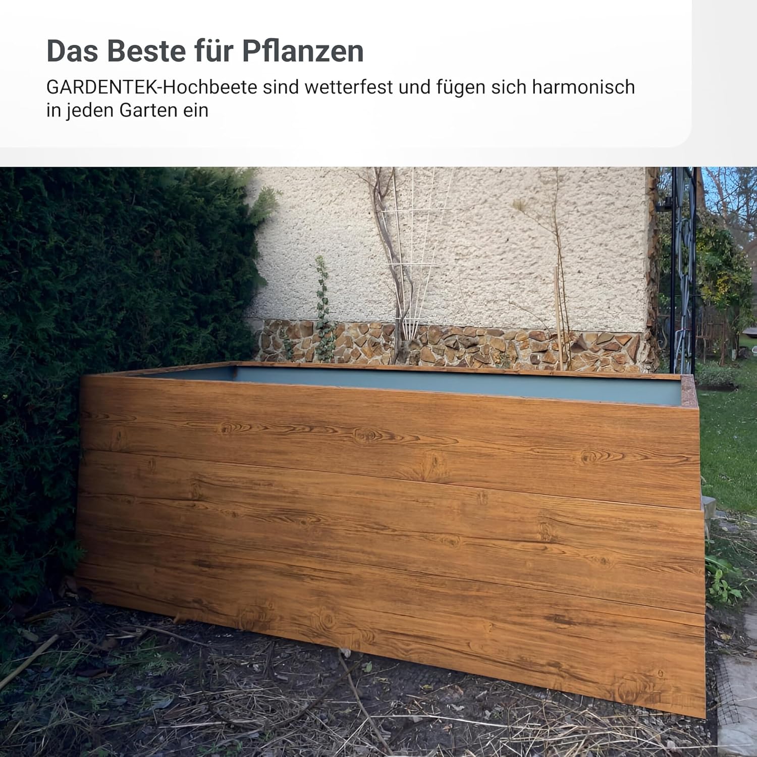 Hochbeet für Garten 200x100x63 cm Metall, Holzoptik - Hochbeet-Kit aus Premium-Polymerbeschichtetem Stahl, Rechteckig, Langlebiges Gartenbeet für Kräuter und Gemüse mit Maulwurfnetz