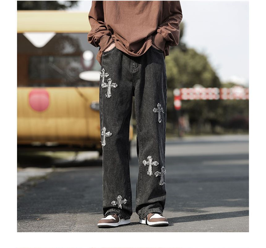 DuckleBeam - Mid Rise Cross Applique Washed Straight Leg Jeans