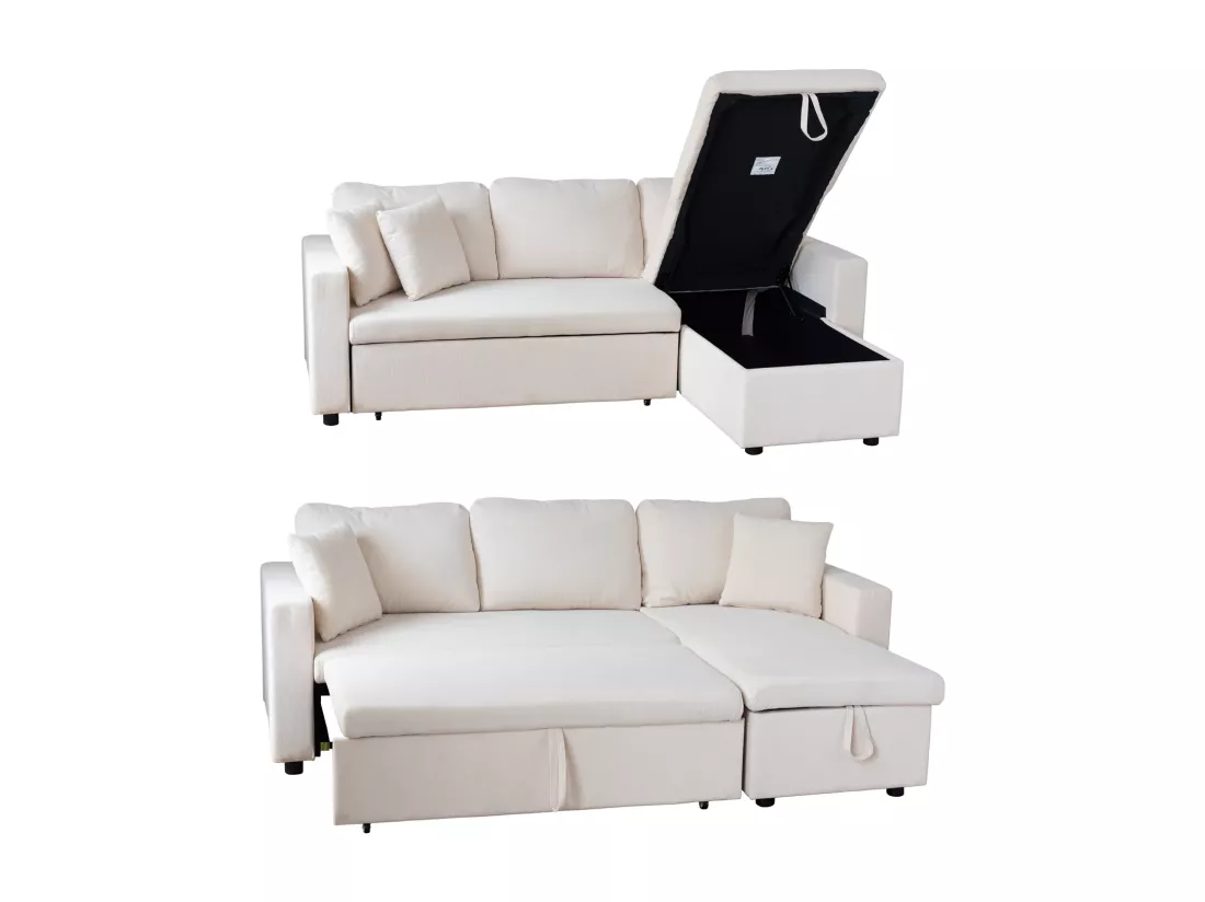 Canapé d'angle convertible CLARK 3 places en velours côtelé beige - HAPPY GARDEN