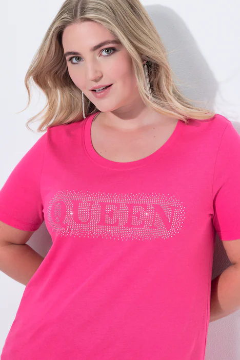 T-Shirt, Komfort Fit, Glitzersteinchen-Schriftzug, hibiskuspink