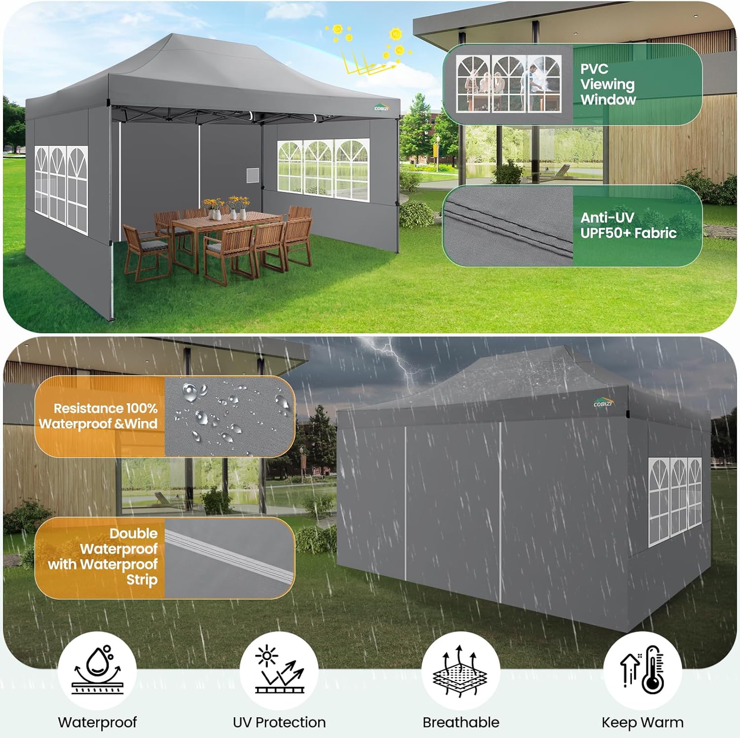 COBIZI Pavillon 3x4,5 wasserdicht stabil Winterfest 3.0,Faltpavillon 3x4,5 Partyzelt, Gartenpavillon UV Schutz mit 4 Seitenteilen Festival Partyzelt Sonnenschutz Pavillon, Grau