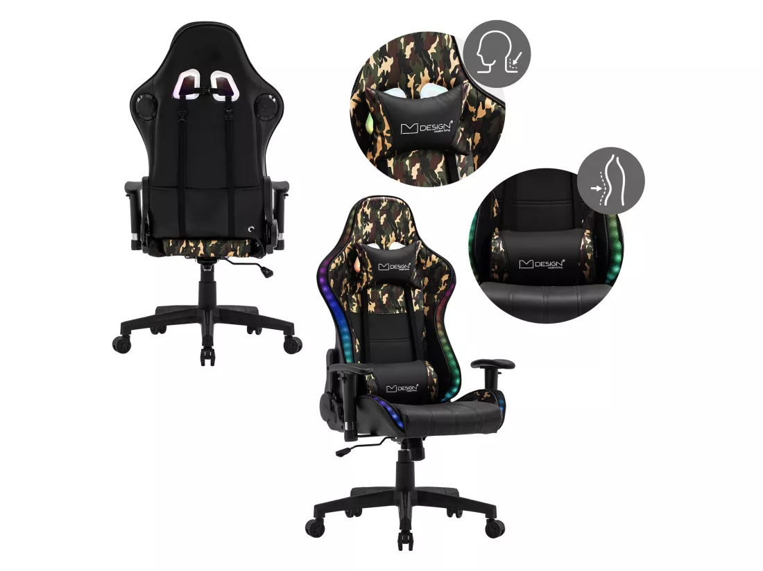 LED Gaming Chair Chaise de bureau Chaise pivotante Réglable Bluetoothboxes ML-Design