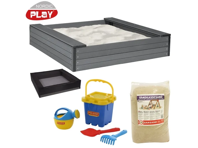 NORDIC PLAY Sandkasse med sæde 24 x 120 x 120 cm WPC inkl. net, 240 kg sand og blå spand (805-736)