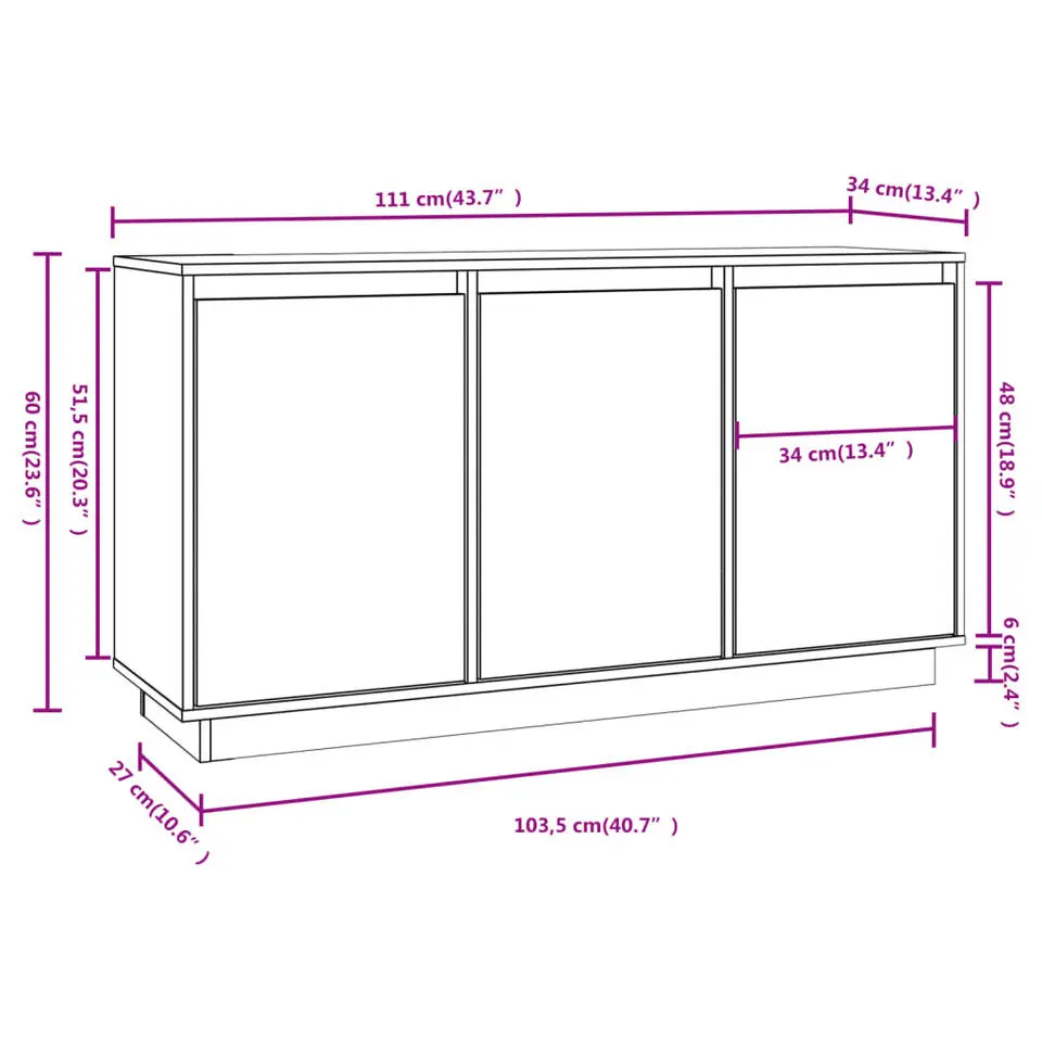 vidaXL - Dressoir met 3 deuren - Wit - Massief grenenhout - 111x34x60 cm
