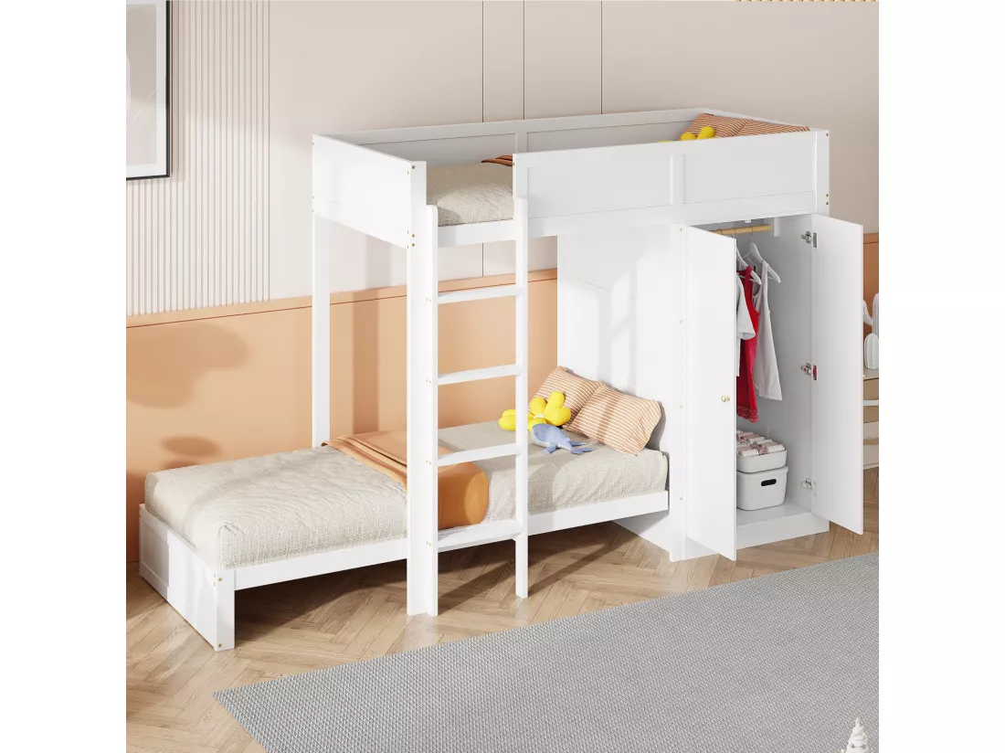 Lit superposé 90x200cm, lit enfant avec armoire, barrière de sécurité haute, lit ado, blanc