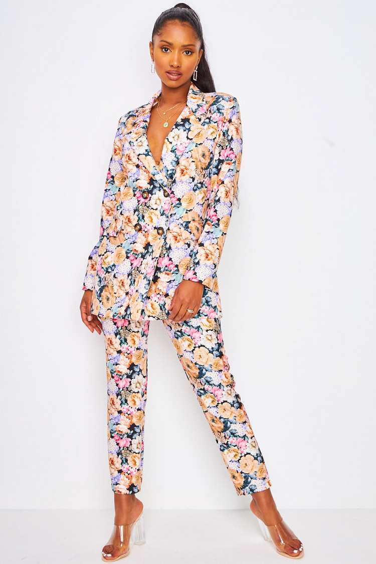 Ensemble beige foncé fleuri blazer + pantalon