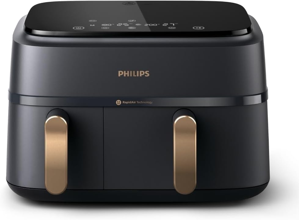Airfryer Dual Basket 3000 Series Heißluftfritteuse, 9L, 2 Körbe, 2 Gerichte gleichzeitig, RapidAir Plus Technologie, 90% weniger Fett, Energieeffizient, HomeID App (NA352/00)
