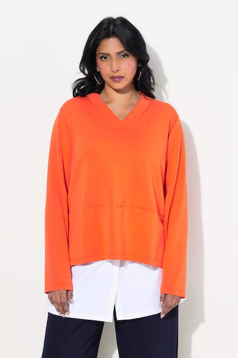 Sweatshirt, Bluseneinsatz, V-Ausschnitt, Langarm