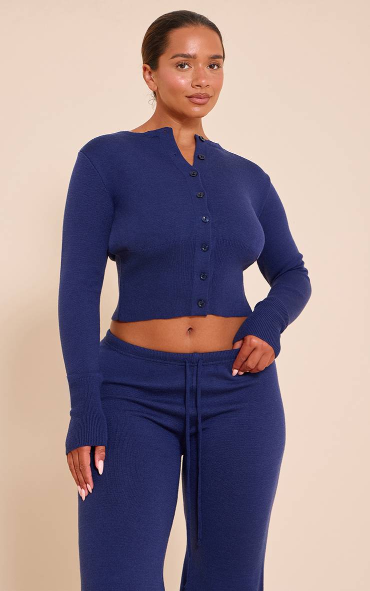 Bleu Marine Cardigan Côtelé Large À Boutons En Maille Shape