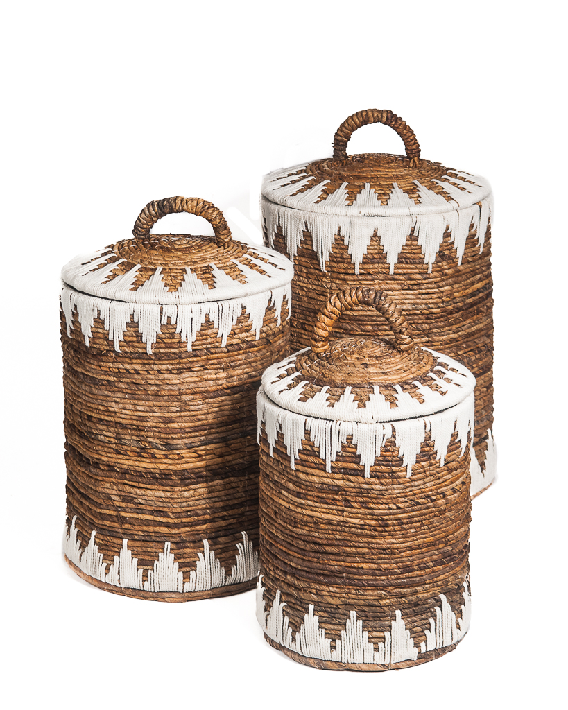 Mand Sekitar naturel/wit van waterhyacint gewoven met touw small