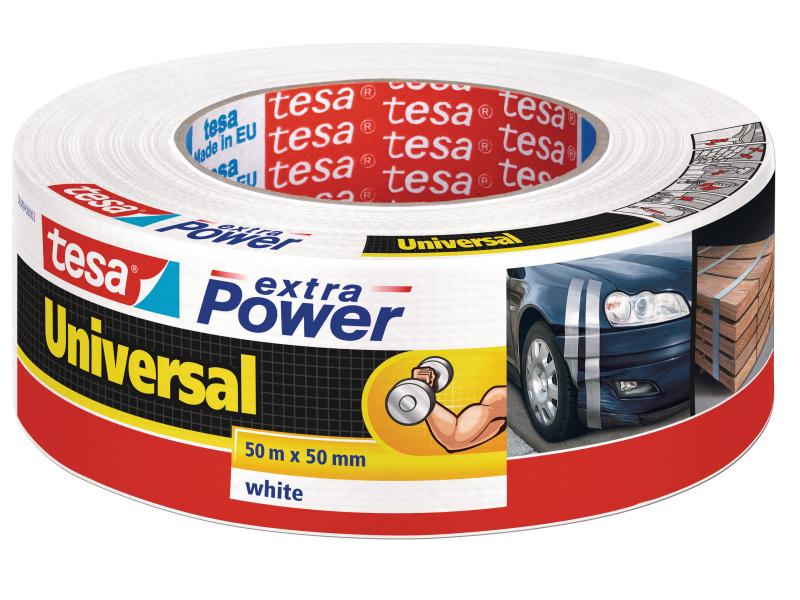 tesa Klebeband extra Power Universal 50 mm x 50 m, Weiss Klebeband mit extra starkem Halt – Duct Tape für Reparaturen, zum Befestigen, Abdichten und mehr