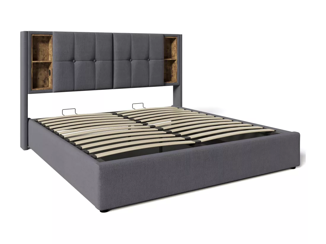 Lit coffre rembourré 180x200 cm - avec chargement sans fil et tête de rangement - tissu en coton - Gris