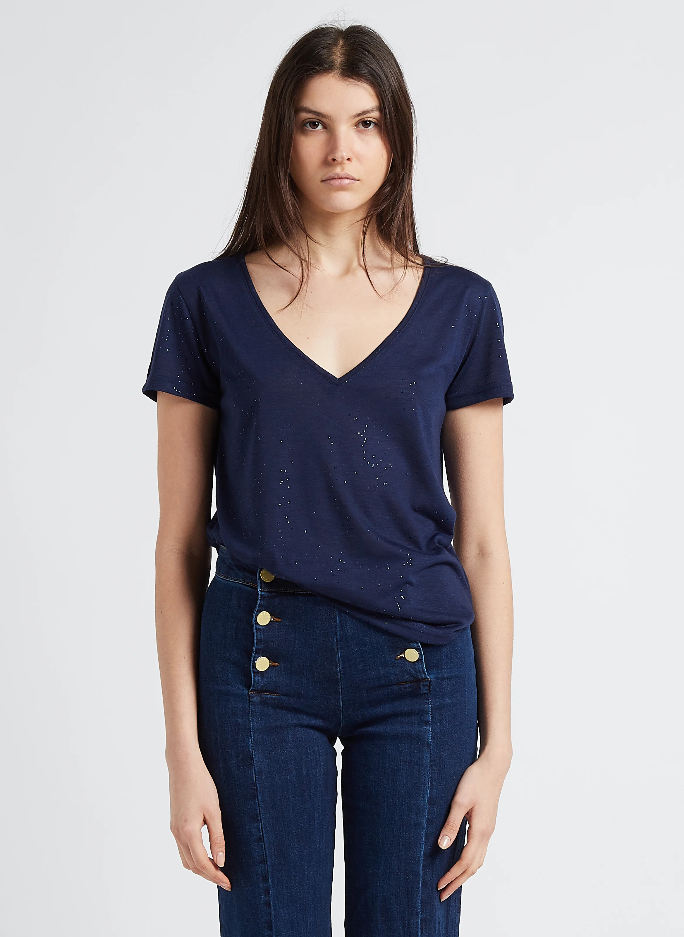 ELVIE - Tee-shirt col V droit pailleté | Bleu