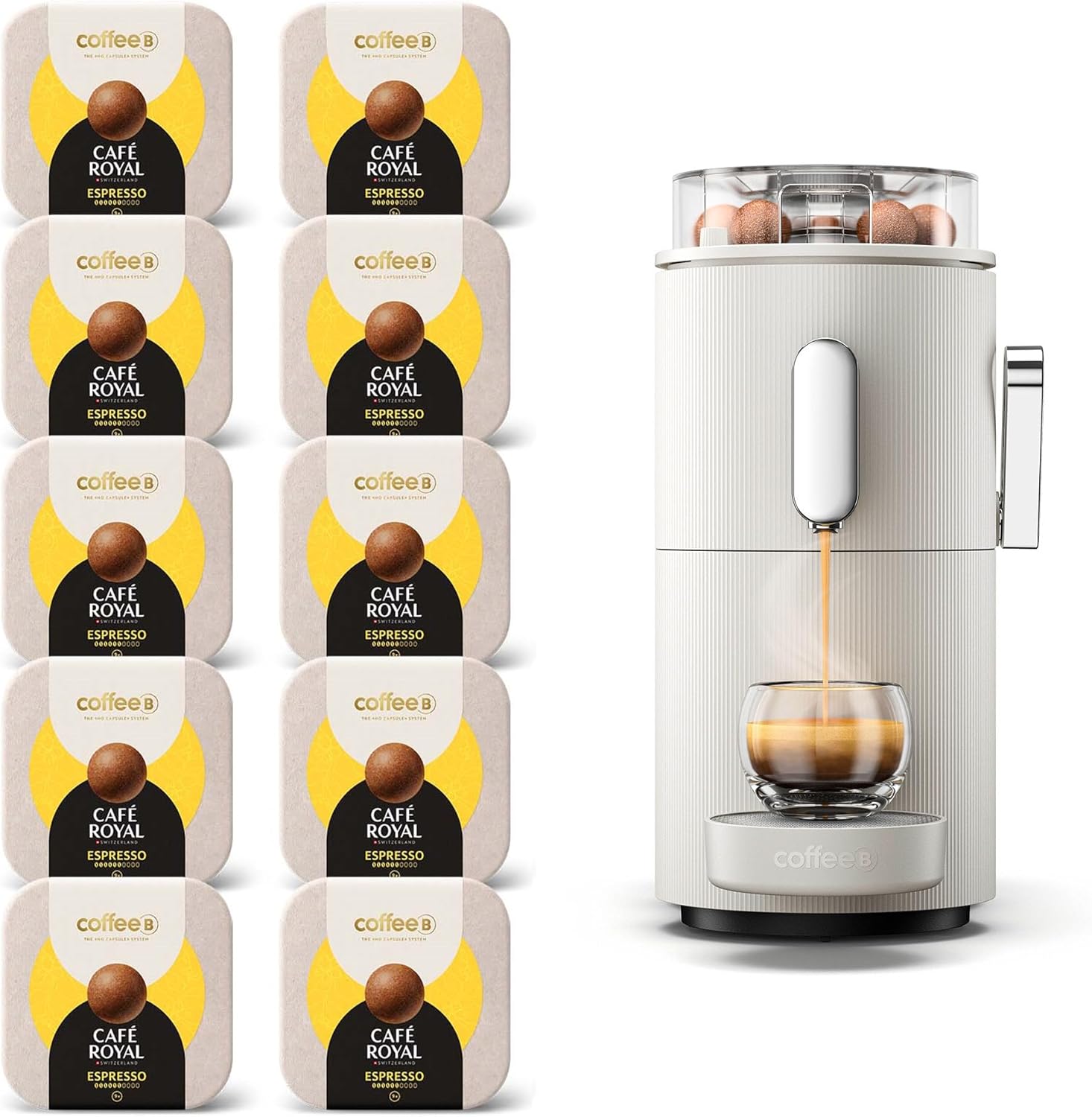 CoffeeB Kaffeemaschine Globe weiß 1,3 l by Café Royal + 90 Coffee Balls Espresso – 100% kompostierbar