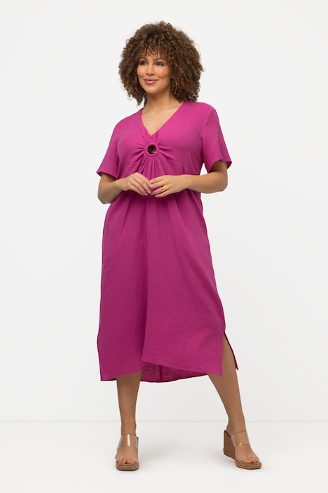 Midikleid, Musselin, A-Linie, V-Ausschnitt, Halbarm