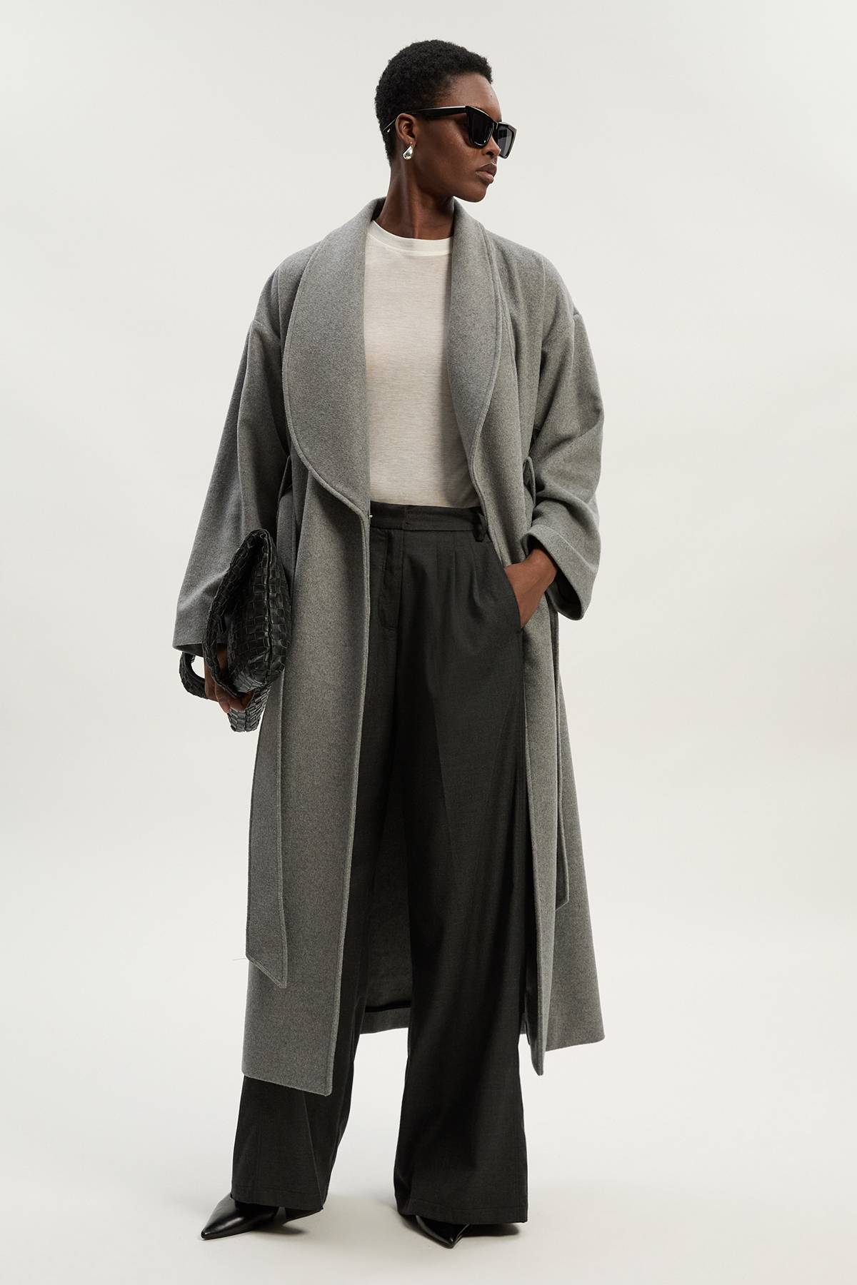 KarenMillen Manteau Long Ceinturé en Laine Brossée Coupe Ajustée