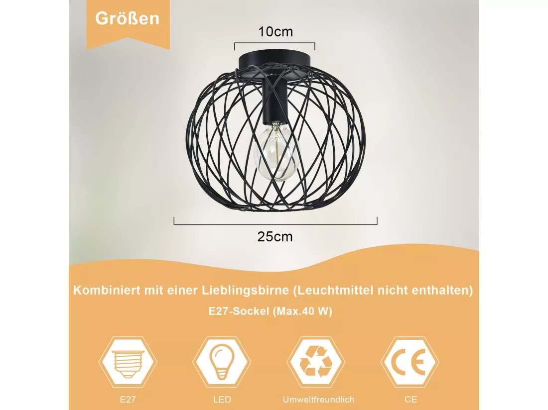 NETTLIFE Plafonnier noir lampe de salle à manger cage grille vintage E27 spot de plafond en métal