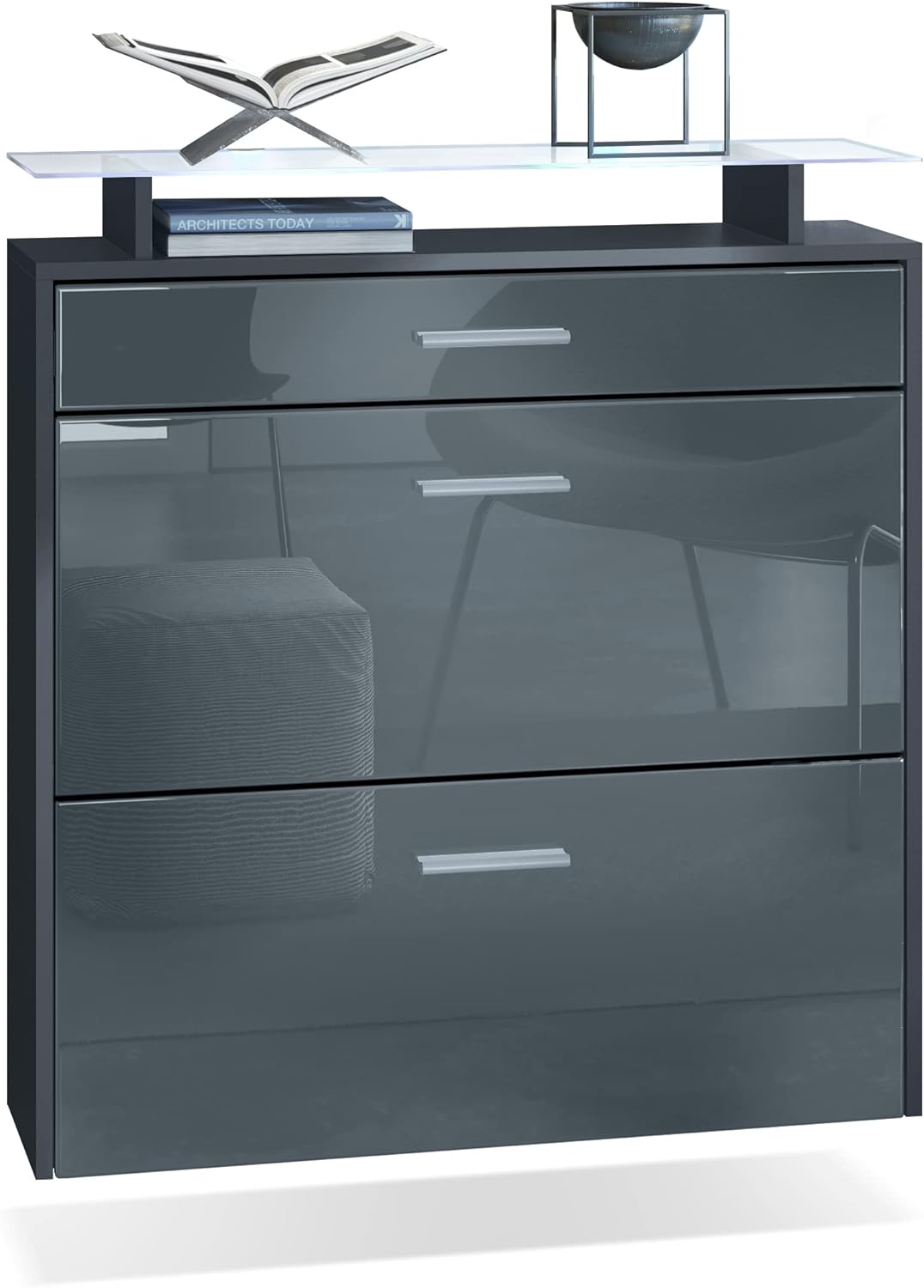 Vladon Schuhschrank Malea, Anthrazit matt/Grau Hochglanz inkl. LED - hängender Schuhkipper für 16 Paar Schuhe (89 x 96 x 23 cm)