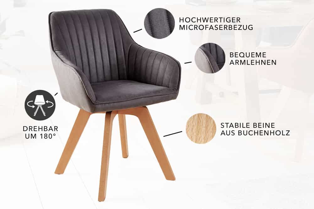 Drehbarer Design Stuhl LIVORNO vintage grau Buchenholz Beine mit Armlehnen