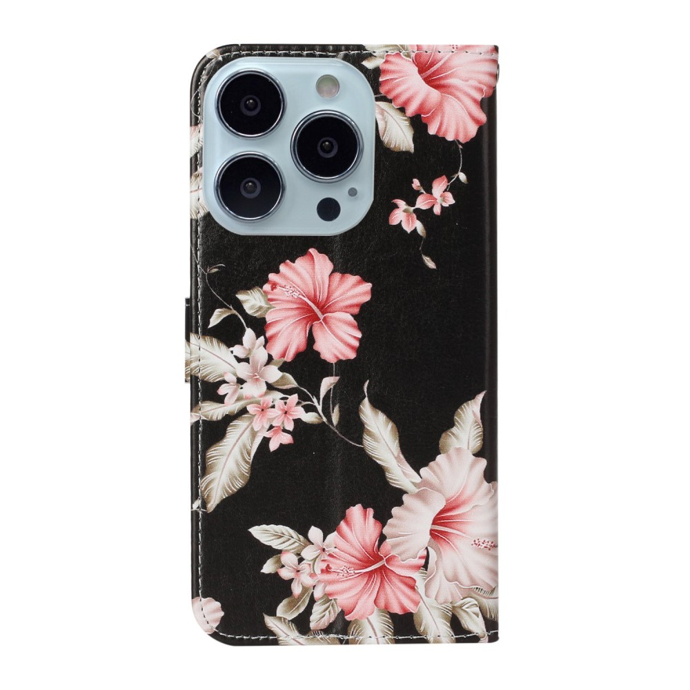 iPhone 13 Pro Leder Tasche Flip Cover Rosa Azalea Blumen - Schwarz