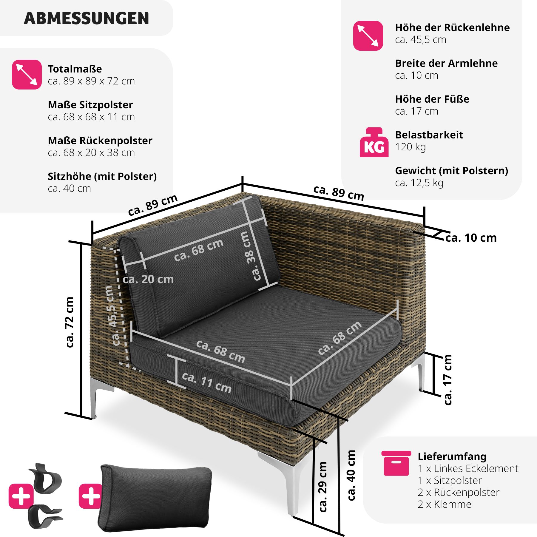 tectake® Modulares Rattanset, linkes Eckelement mit Aluminiumgestell, hochwertiges Geflecht, 89 x 89 x 72 cm