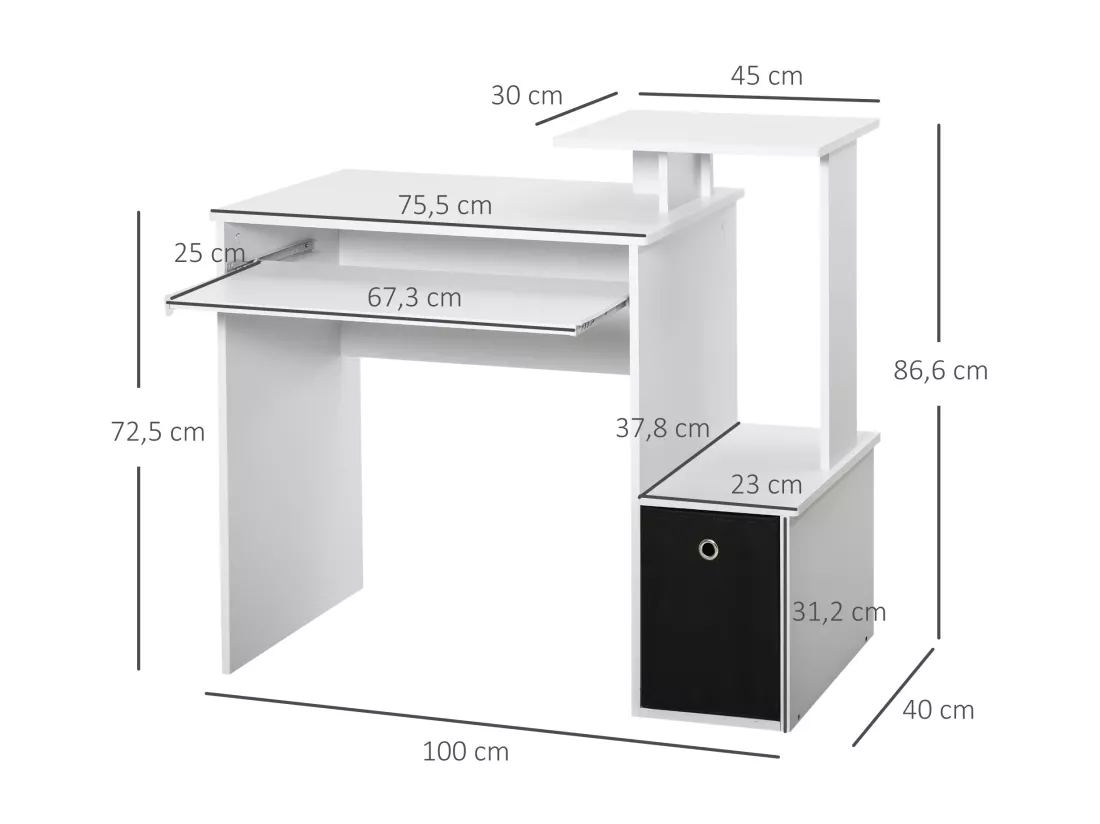 Bureau informatique multimédia étagères tablette clavier panier noir panneaux particules blanc