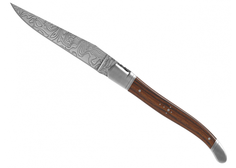 Couteau Laguiole collection damas avec un manche en bois de bocote et 2 mitres en acier inoxydable