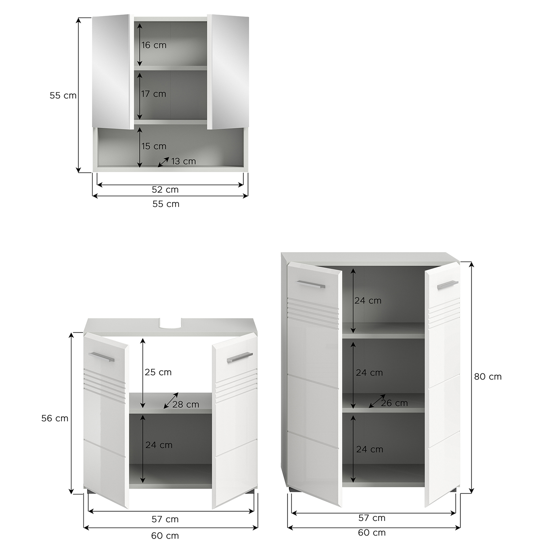 3-teiliges Badmöbel-Set COPA - weiß Hochglanz - hellgrau - 135 cm