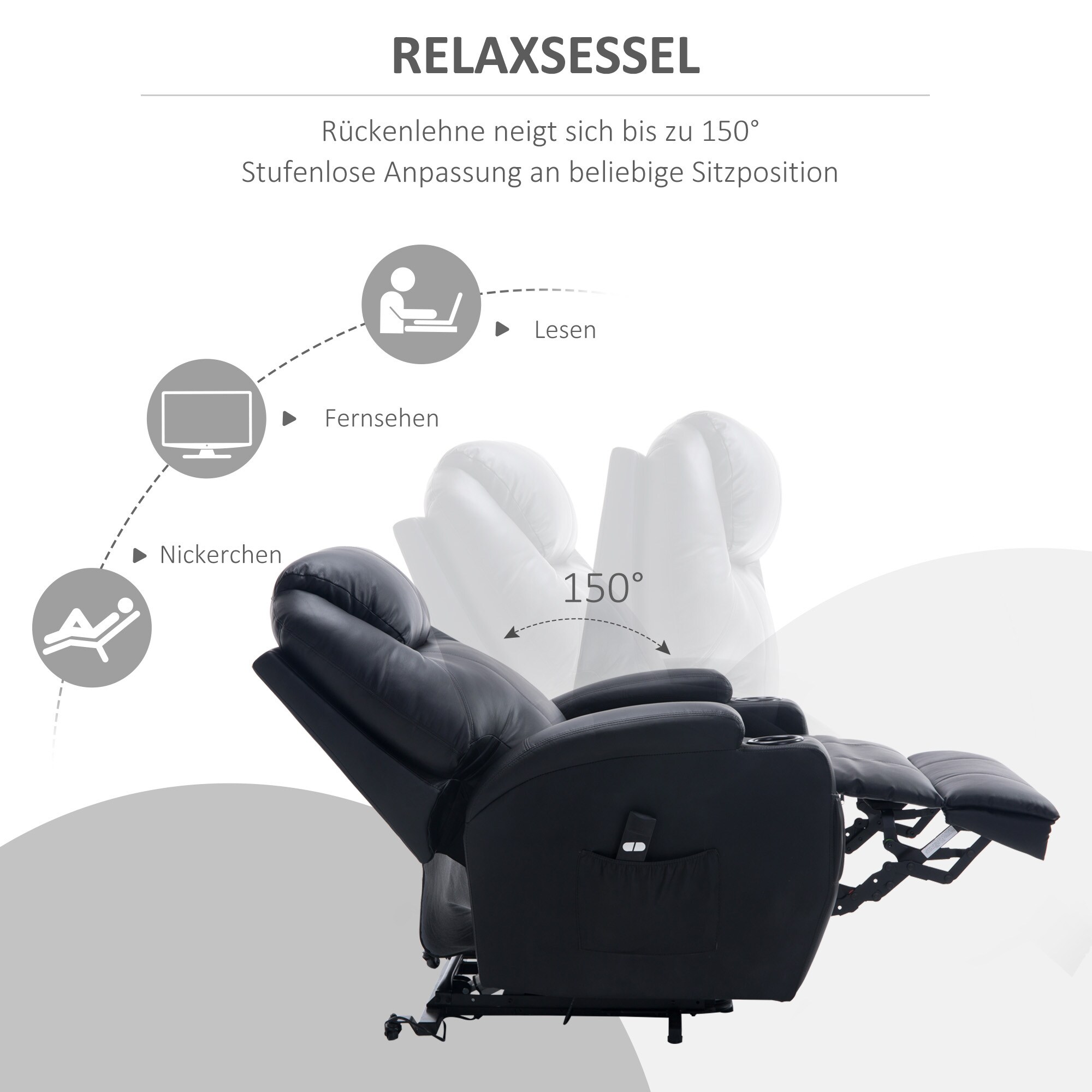 HOMCOM Fernsehsessel 2-in-1-Design, Becherhalter auf beiden Seiten, Sessellift Schwarz 84 x 92 x 109 cm (BxTxH)