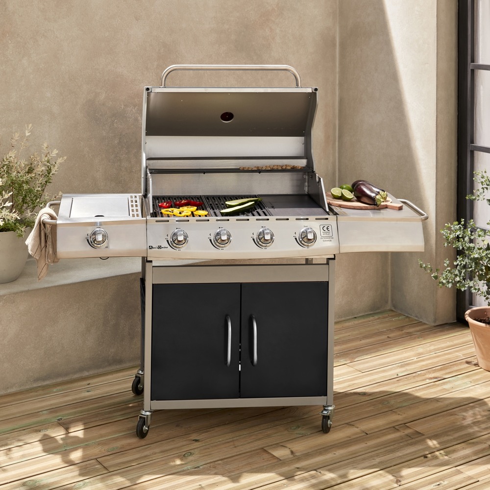 Barbecue gaz inox 17kw - richelieu noir - barbecue 5 brûleurs dont 1 feu latéral. Côté grill et côté plancha