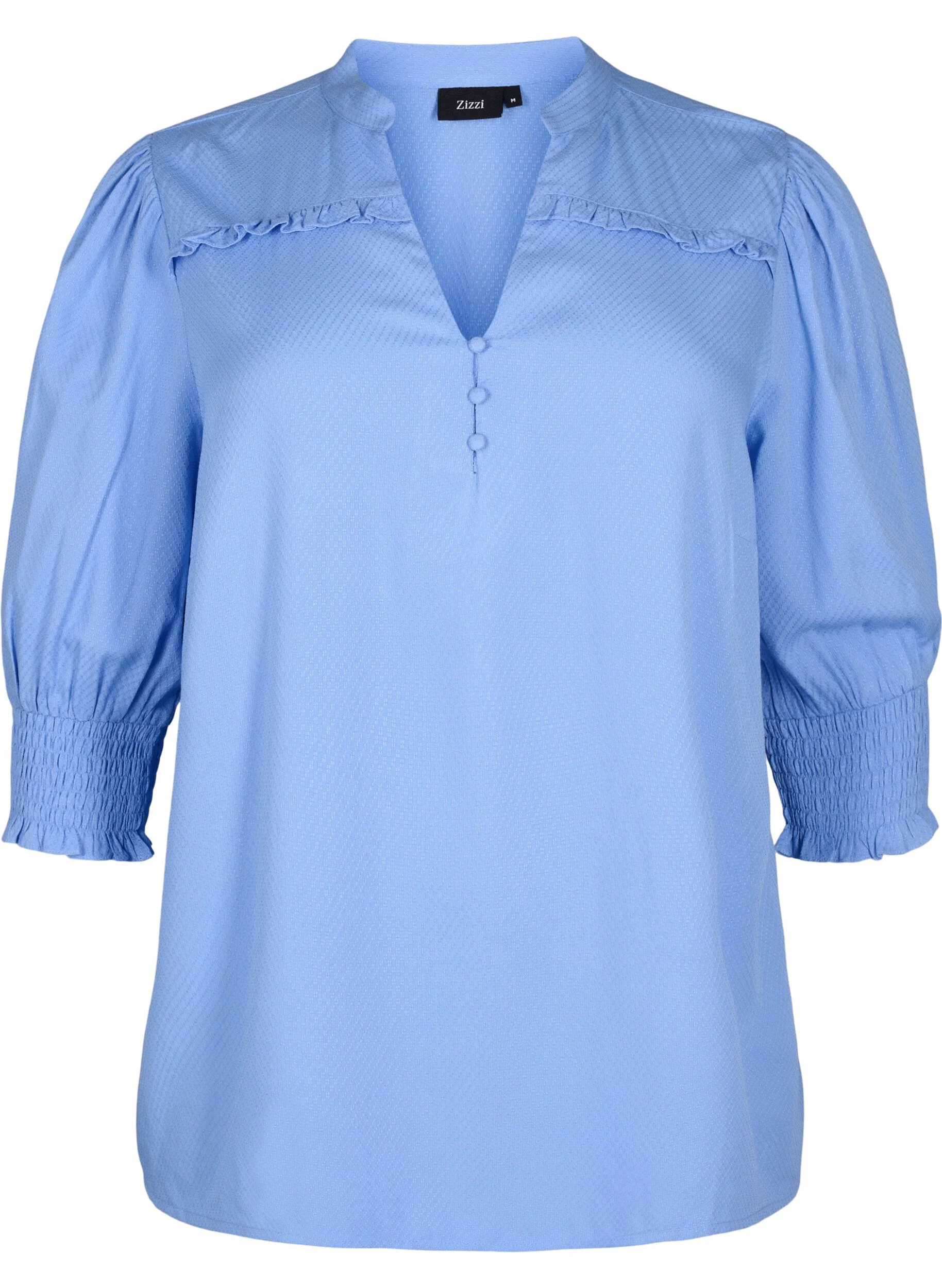 Viskosebluse med smock og flæsedetalje