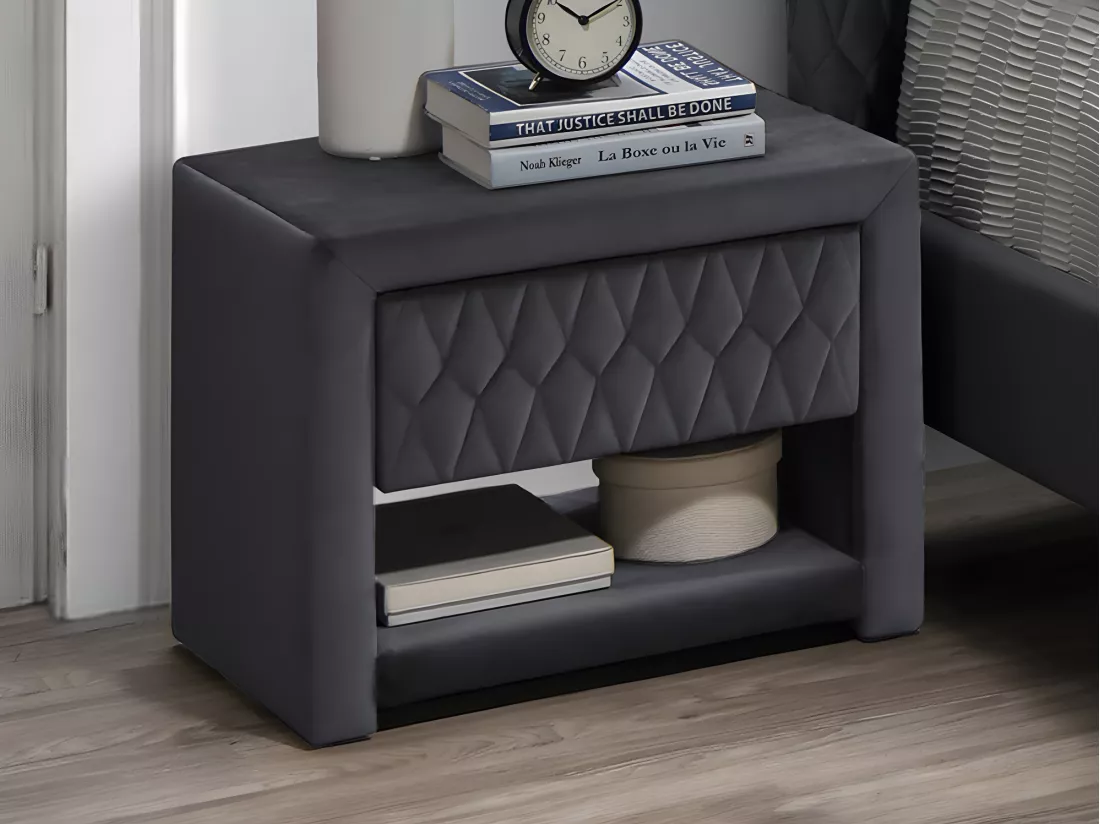 Lot de 2 tables de chevet - 1 tiroir et 1 niche - Tissu velours - Gris - DANIELE