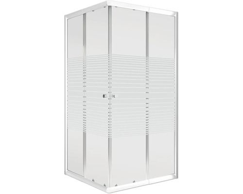 Hoekinstapdeur met schuifdeur SCHULTE Sunny ExpressPlus 75 - 90 cm x 175 cm, wit profiel, glasdecor met horizontale strepen, deurscharnier links, deurscharnier rechts